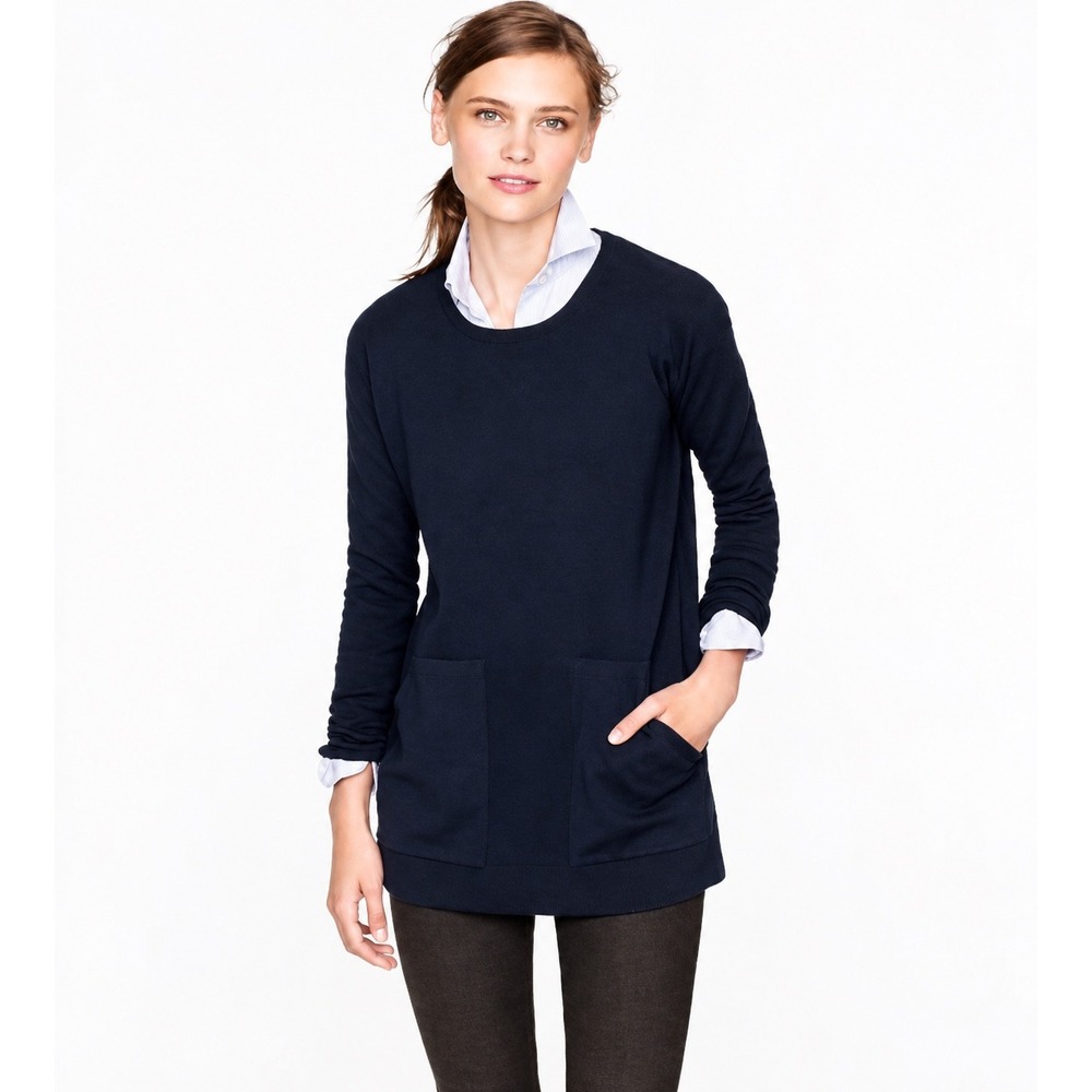 J.Crew Navy Blue 100% Merino Wool Tunic Sweater with Pockets 03444 Womens M